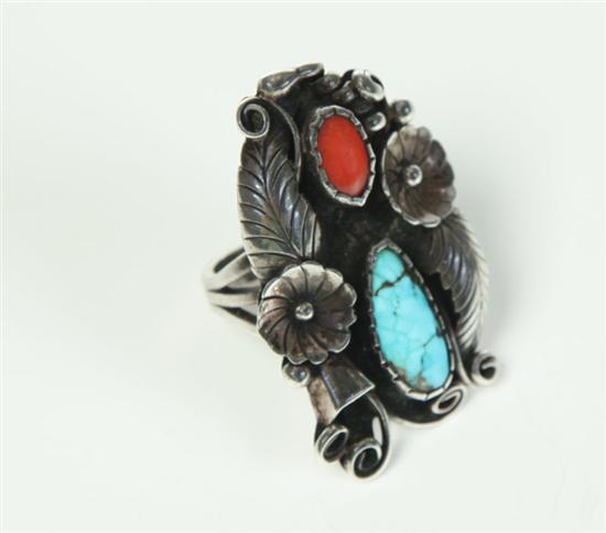 Appraisal: LADIES' NAVAJO RING Turquoise coral and silver ring Second half-