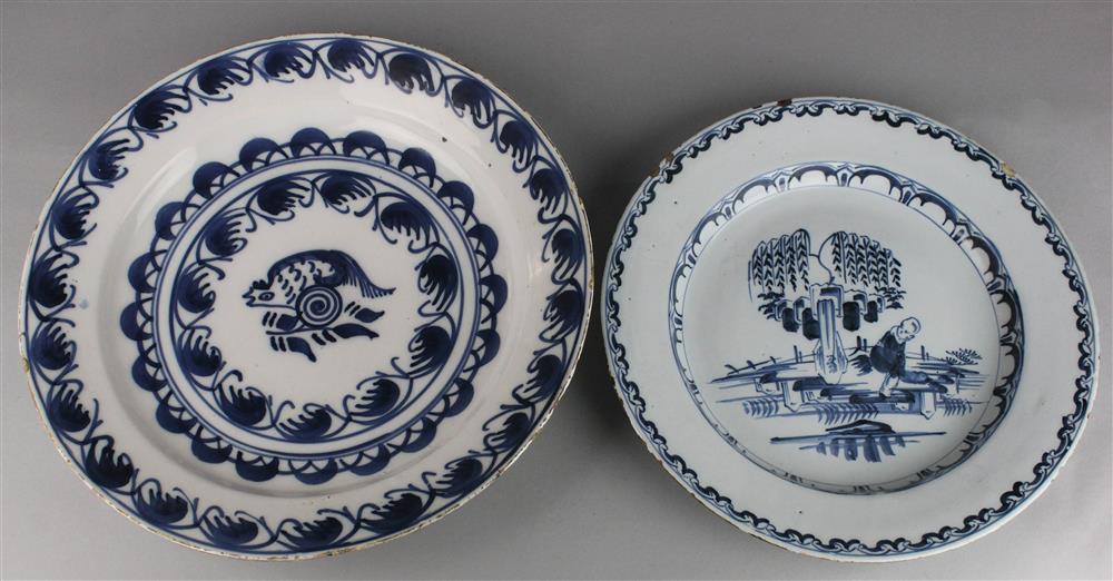 Appraisal: ENGLISH BLUE AND WHITE DELFT PLATE TOGETHER WITH A CONTINENTAL