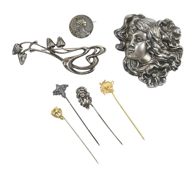 Appraisal: Seven Pieces Art Nouveau Stick Pins and Brooches two base