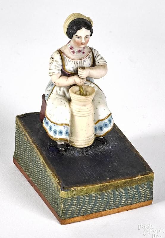 Appraisal: Scarce French painted bisque butter churner Scarce French painted bisque