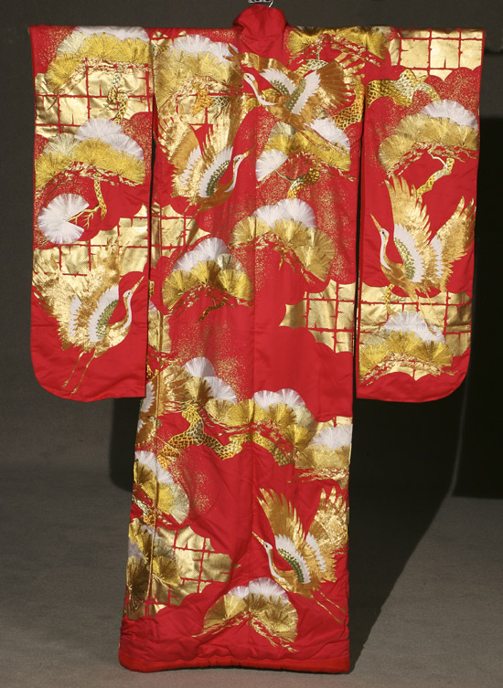 Appraisal: Two Japanese Gold-Metallic and Polychrome Silk Embroidered Red Ground Uchikake