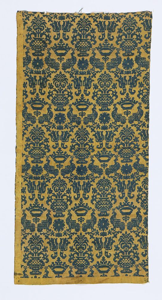 Appraisal: Early Continental Gold Blue Silk Damask Textile Panel Early Continental