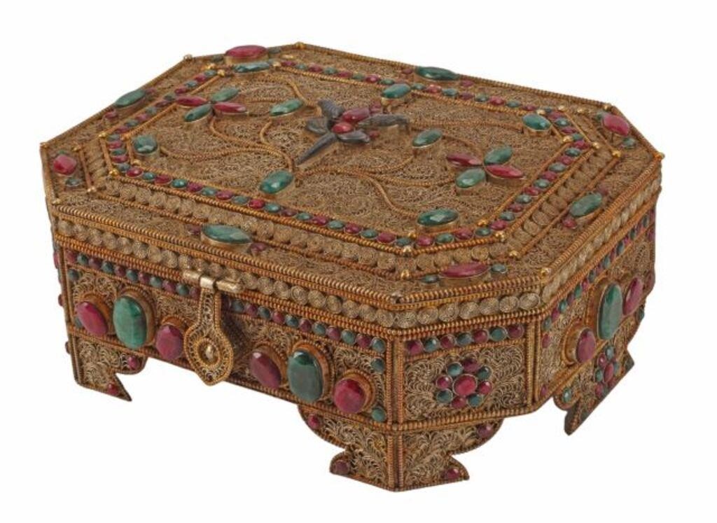 Appraisal: Silvered and gilt metal filigree box encrusted with rubies and