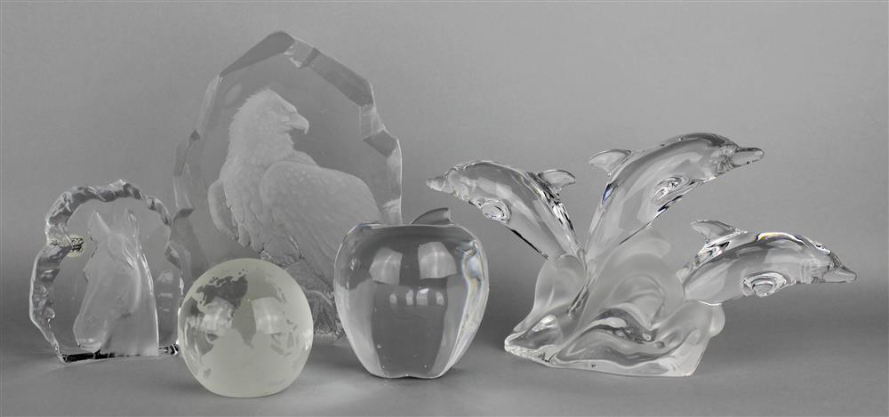 Appraisal: FIVE DECORATIVE GLASS WEIGHTS including a Baccarat sliced apple weight