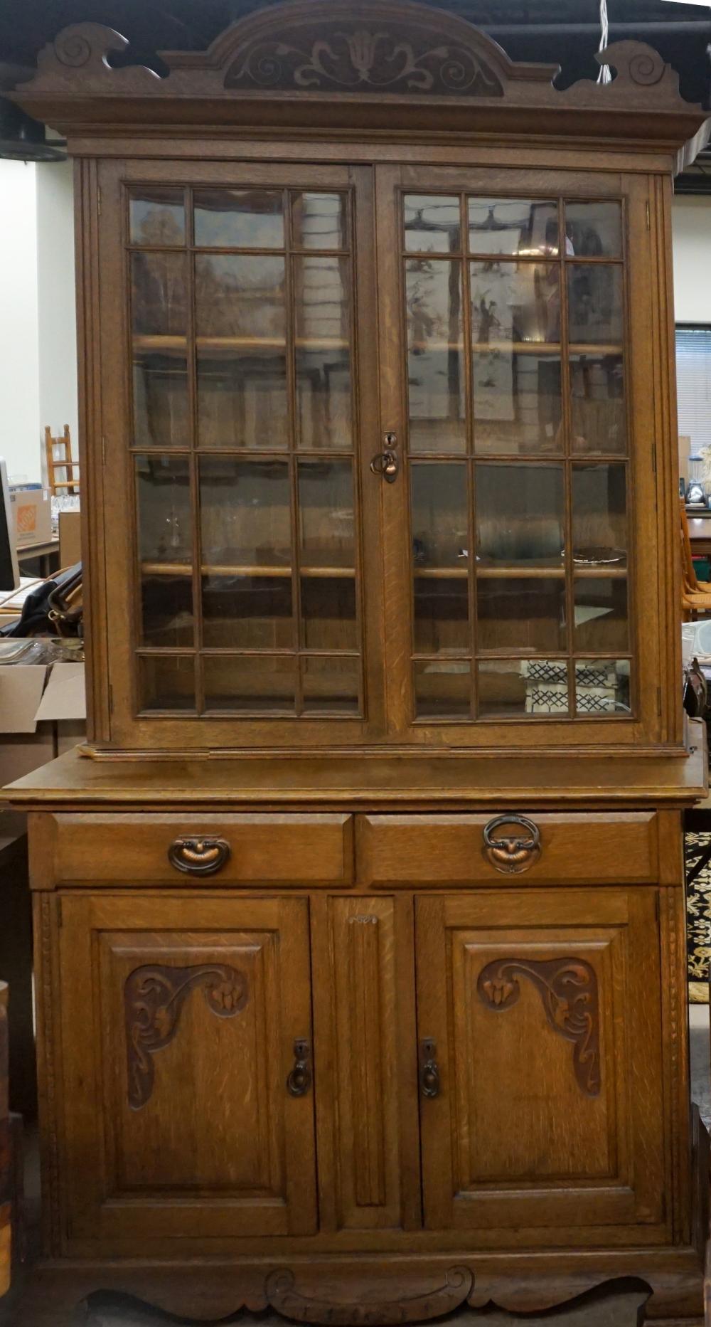 Appraisal: ART NOUVEAU STYLE OAK TWO-PART SIDE CABINET X X IN