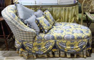 Appraisal: Moderne chaise lounge upholstered in blue and yellow toile with