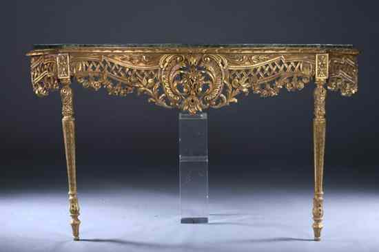 Appraisal: LOUIS XVI STYLE GILT-WOOD AND MARBLE-TOP SERPENTINE-FRONT CONSOLE TABLE Green