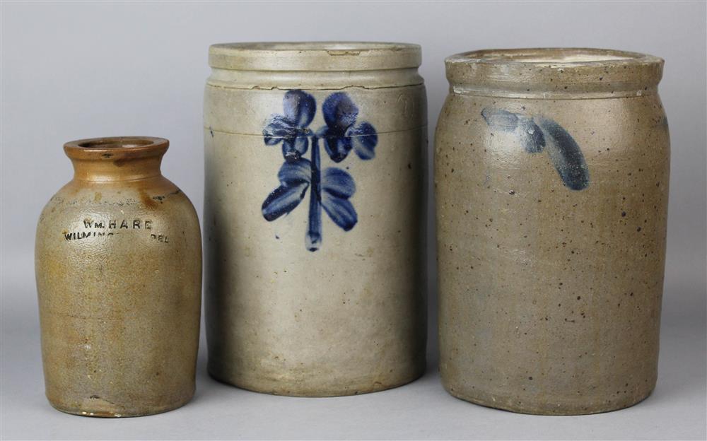 Appraisal: GROUP OF THREE COBALT DECORATED AND STONEWARE JARS INCL WM