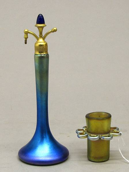 Appraisal: A Steuben blue Aurene glass atomizer and a Tiffany favrile