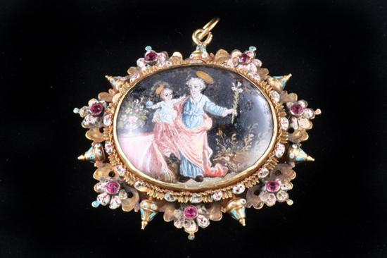 Appraisal: ANTIQUE HUNGARIAN YELLOW GOLD AND ENAMEL DOUBLE-SIDED PORTRAIT PENDANT Late