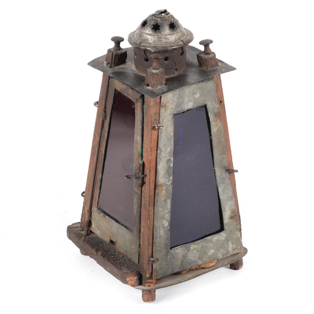 Appraisal: ANTIQUE EARLY AMERICAN PRIMITIVE WOODEN CANDLE LANTERN WITH TIN TOP