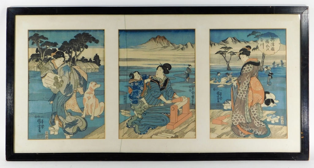 Appraisal: JAPANESE MEIJI PERIOD GEISHA LANDSCAPE WOODBLOCK Japan Meiji periodTriptych landscape