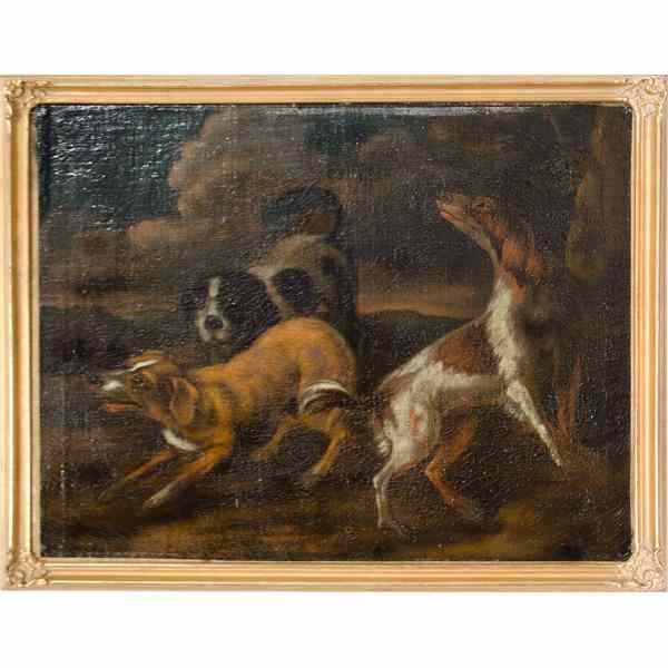 Appraisal: th Century Oil Painting with Hunting Pack Oil on canvas