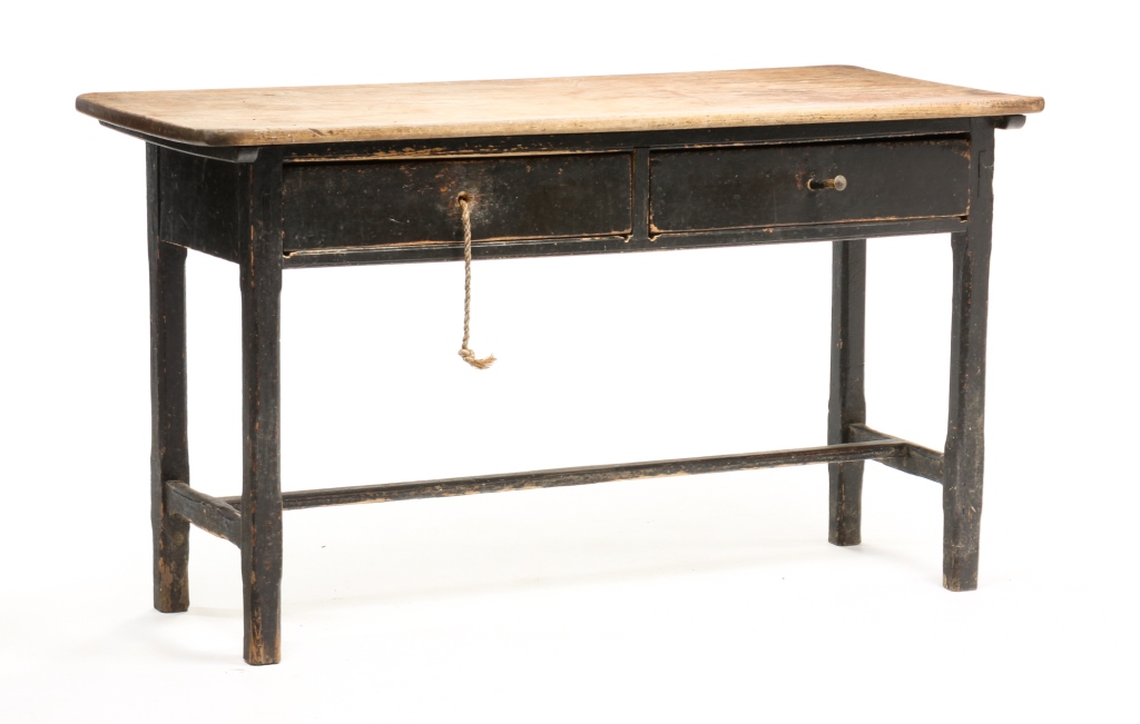 Appraisal: AMERICAN COUNTRY STRETCHER BASE TABLE Mid th century poplar and