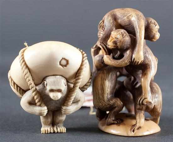 Appraisal: Japanese carved ivory okimono and netsuke monkey themes each signed