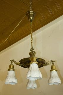 Appraisal: Arm Brass Glass Shades Chandelier H x W