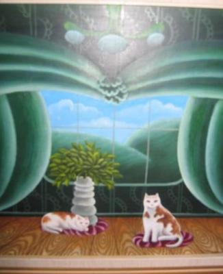 Appraisal: JENZY MAREK Two Cats in a Theatrical Setting signed on