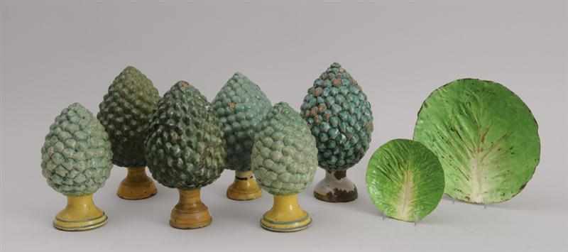 Appraisal: SIX ASSEMBLED CONTINENTAL GREEN-GLAZED POTTERY PINECONE FINIALS AND TWO PLATES