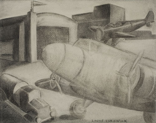 Appraisal: LOUIS LOZOWICK Airport Scene Pencil with white gouache border on