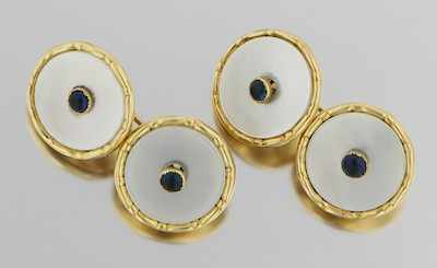 Appraisal: A Pair of Sapphire Mother of Pearl and Gold Cufflinks