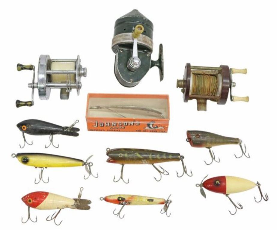 Appraisal: lot of Vintage fishing lures and reels including painted wood