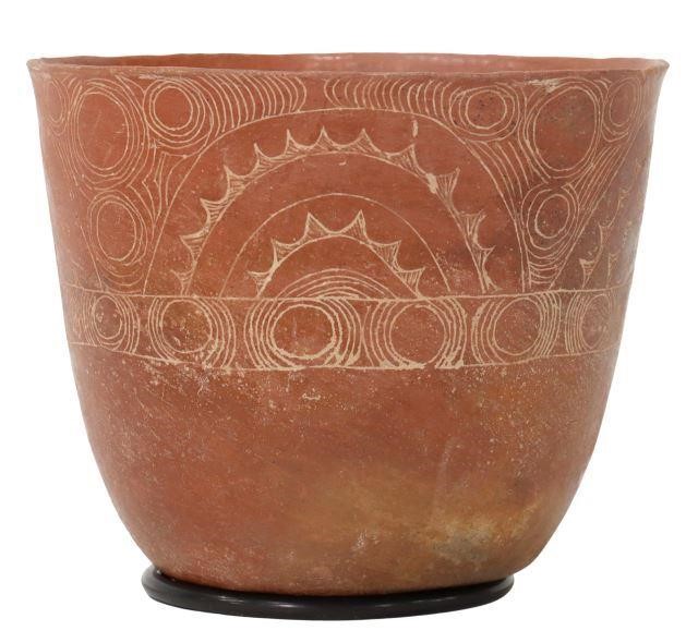 Appraisal: Native American redware pot with later engraving approx h diam