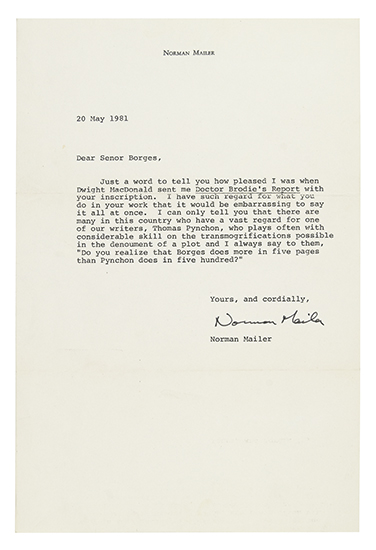 Appraisal: MAILER PRAISES BORGES MAILER NORMAN Typed Letter Signed to Jorge