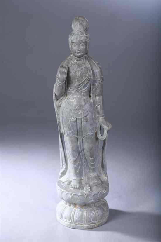 Appraisal: CHINESE GREY STONE FIGURE OF GUANYIN Standing on lotus plinth