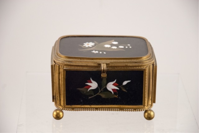 Appraisal: Pietra Dura Jewelry Box Italian Brass with Inlaid enamel flowers