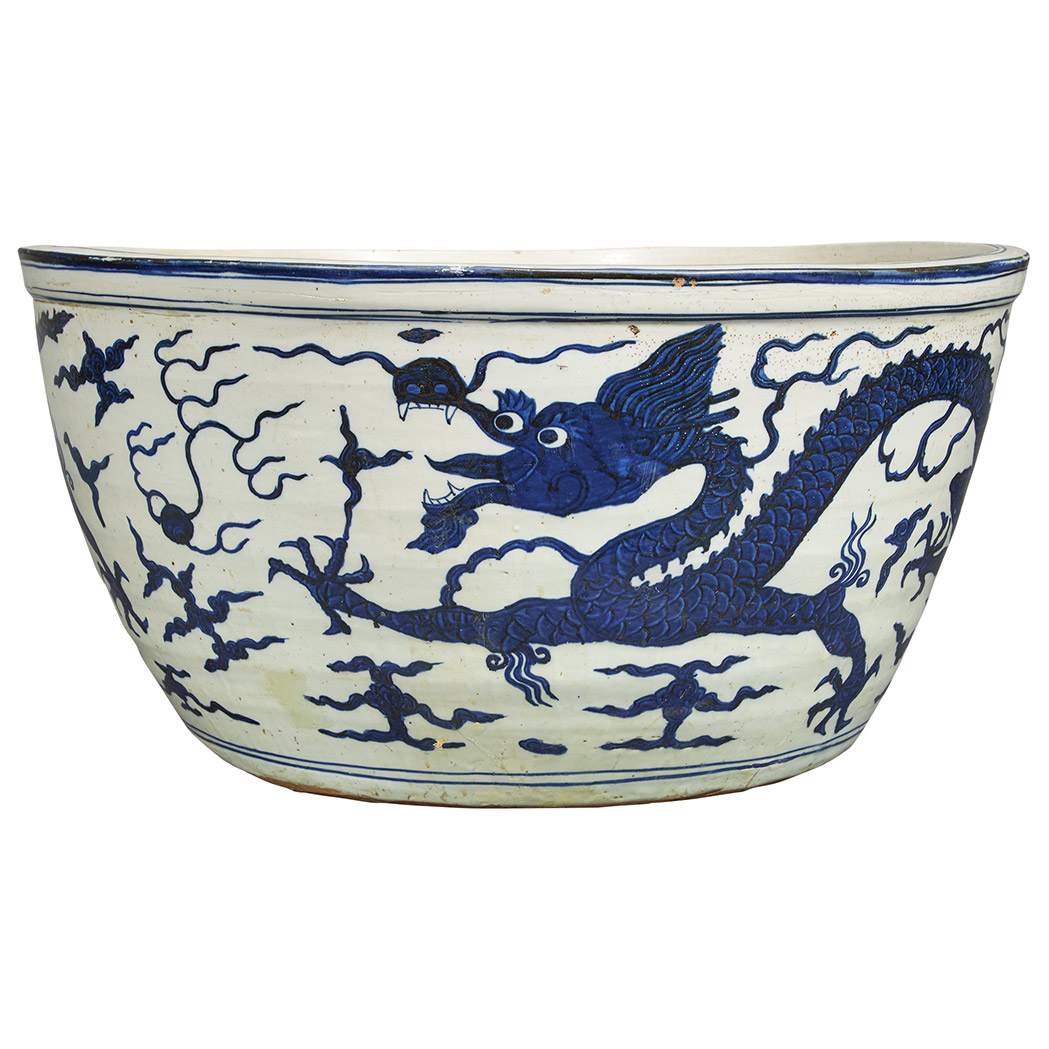 Appraisal: Chinese Blue and White Glazed Porcelain Basin Jiajing Six-Character Mark