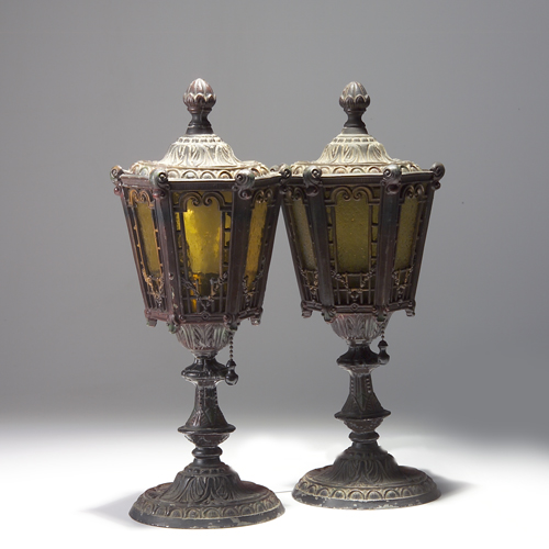 Appraisal: Pair of Victorian table lanterns with amber glass panels and