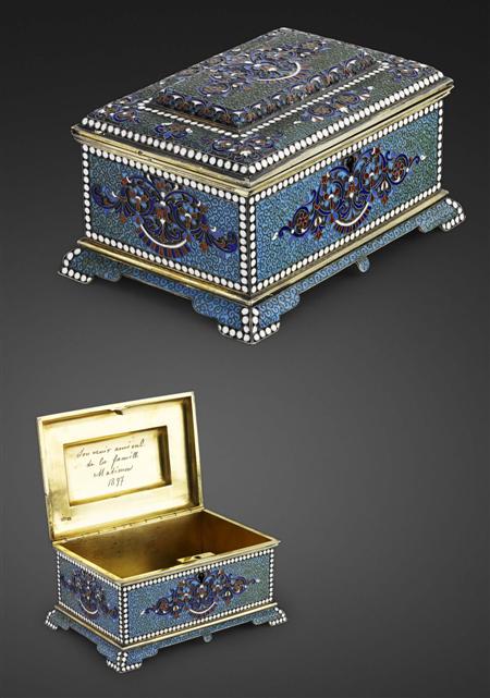 Appraisal: A Russian silver-gilt and cloisonn enamel casket Gustav Klingert Moscow