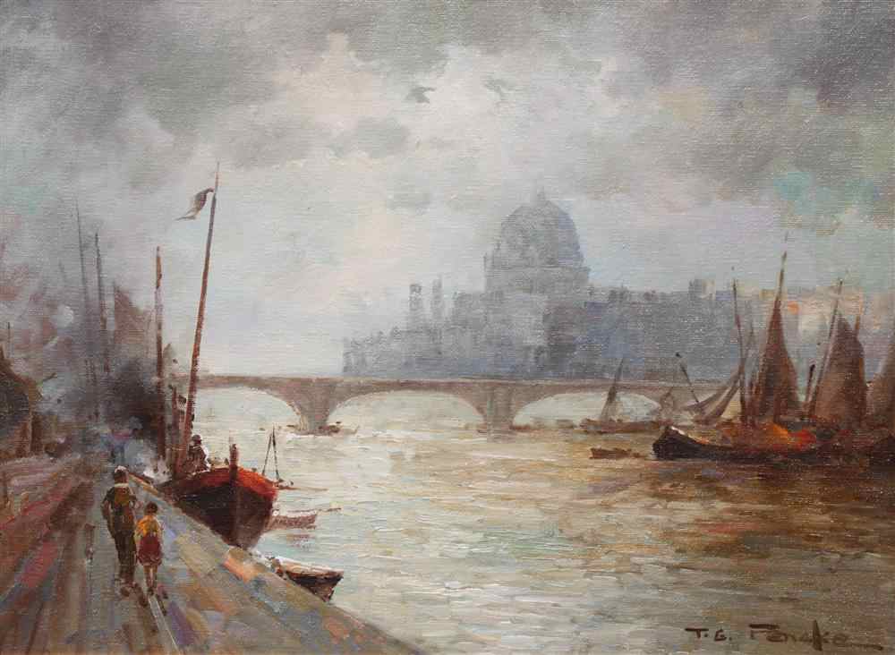 Appraisal: T E PENSKE EUROPEAN CITY WITH RIVER Oil on canvas