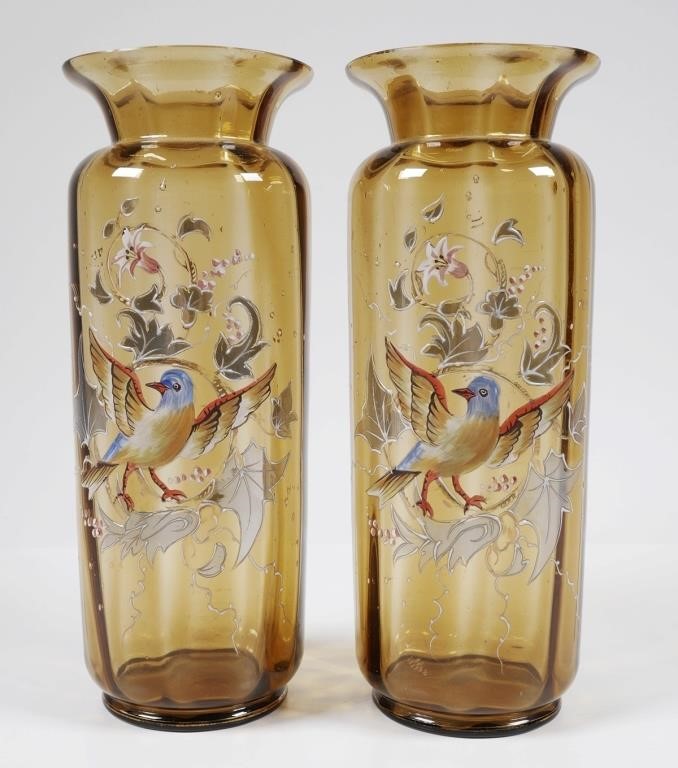 Appraisal: A matching pair of enameled Bohemian glass vases tall flying