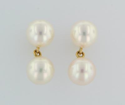 Appraisal: A Pair of Pearl Earrings k yellow gold earrings set