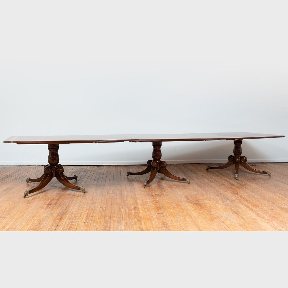 Appraisal: George III Style Inlaid Mahogany Triple-Pedestal Dining Table of Recent