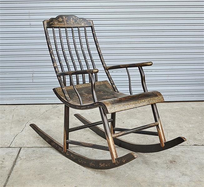 Appraisal: Large Chinese painted wood rocking chair depicting figures in landscapes