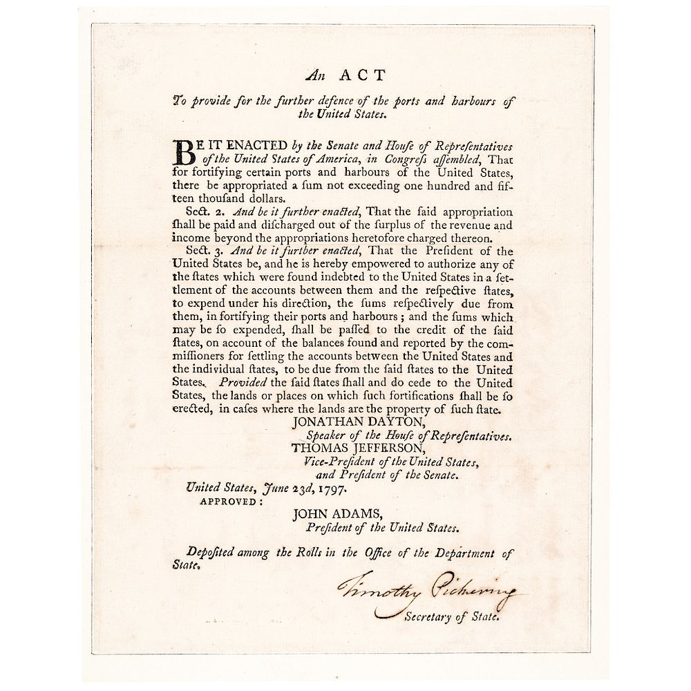 Appraisal: TIMOTHY PICKERING Signed ACT of Congress by President John Adams