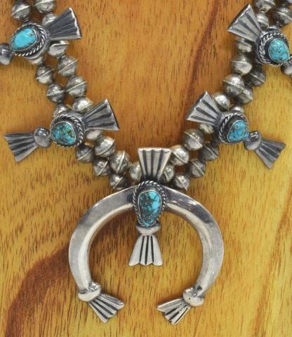 Appraisal: Native American silver content unknown squash blossom necklace bench bead