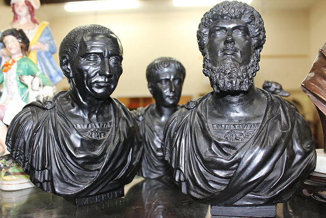 Appraisal: A GROUP OF THREE BLACK RESIN BUSTS of Roman Emperors