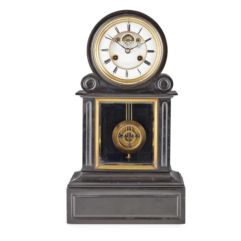 Appraisal: FRENCH BLACK SLATE MANTEL CLOCK RETAILED BY JAMES MUIRHEAD PARIS