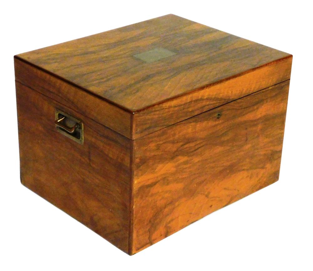 Appraisal: Walnut veneered humidor c lift top with inlaid brass plaque