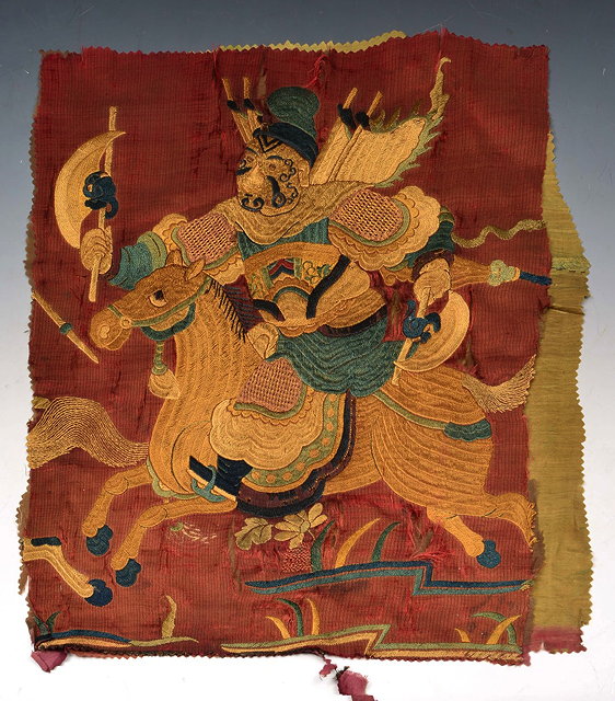 Appraisal: FOUR FRAGMENTS from an antique Chinese needlework tapestry depicting warriors