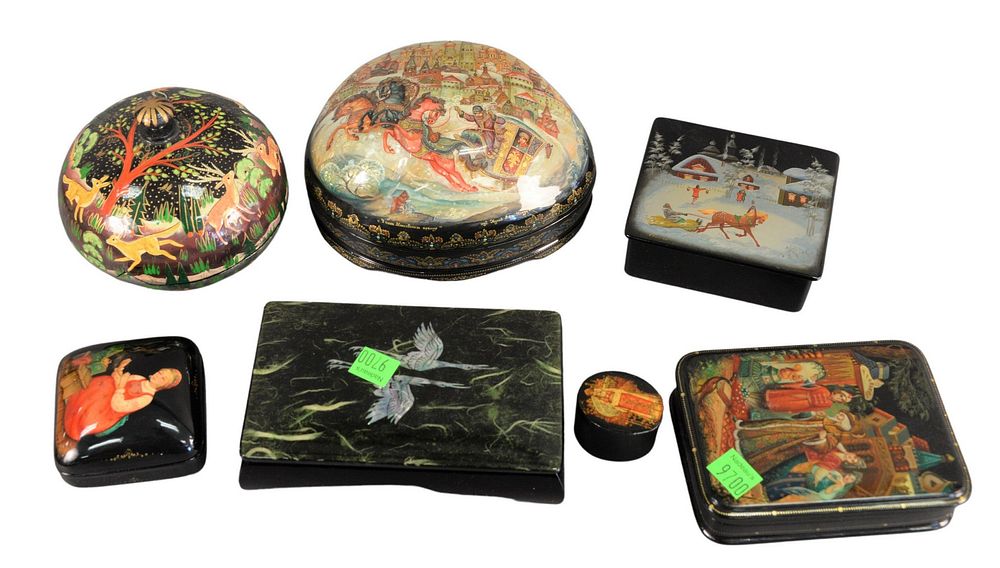 Appraisal: Group of Seven Russian Lacquer Boxes to include a large