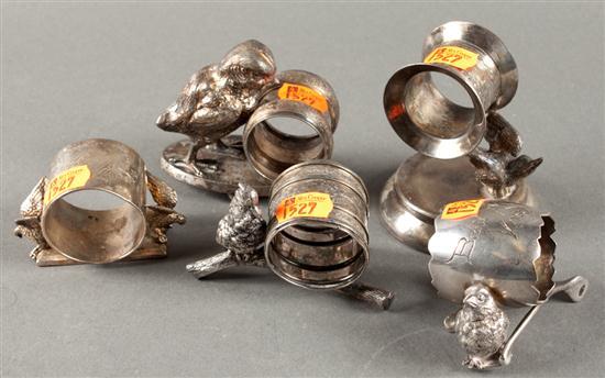 Appraisal: Five American Aesthetic style silver-plated figural napkin rings with bird