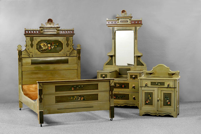 Appraisal: AMERICAN VICTORIAN COTTAGE PINE PAINT DECORATED SIX-PIECE BEDROOM SET Each