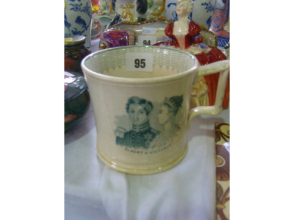 Appraisal: A th century commemorative tankard with green printed decoration commemorating