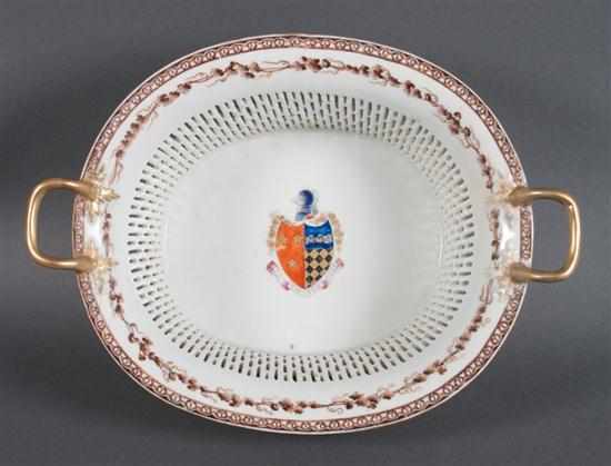 Appraisal: Chinese Export armorial porcelain reticulated chestnut basket mid- th century