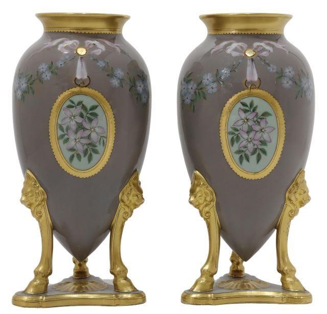 Appraisal: pair French porcelain vases garnitures G Cie lavender-grey ground ribbons