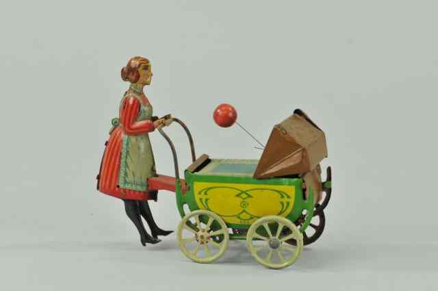 Appraisal: KELLERMAN NANNY PUSHING BABY IN CARRIAGE Germany lithographed tin baby